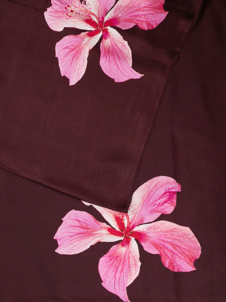 Wine Satin Printed Banarasi Saree