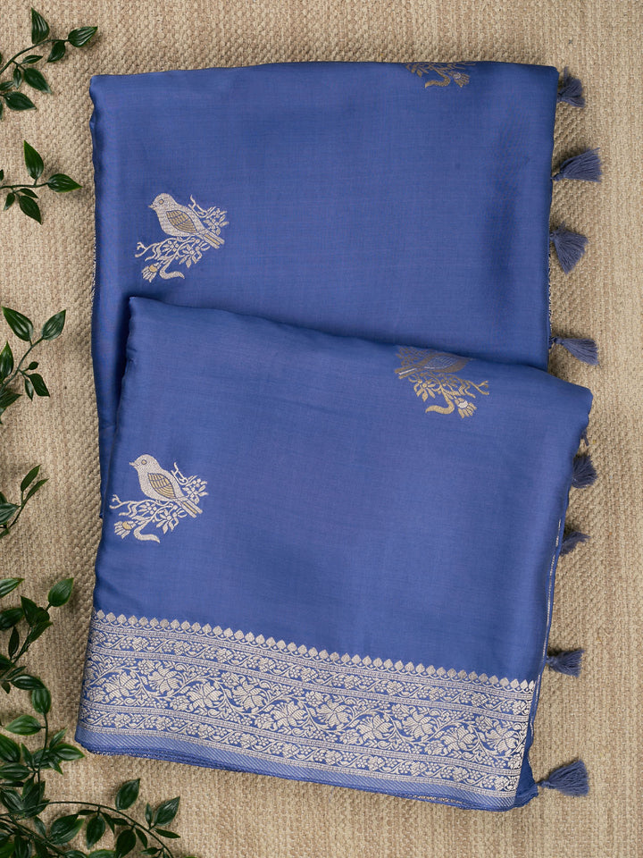 Blue Mysore Silk Bird Buta Banarasi Saree
