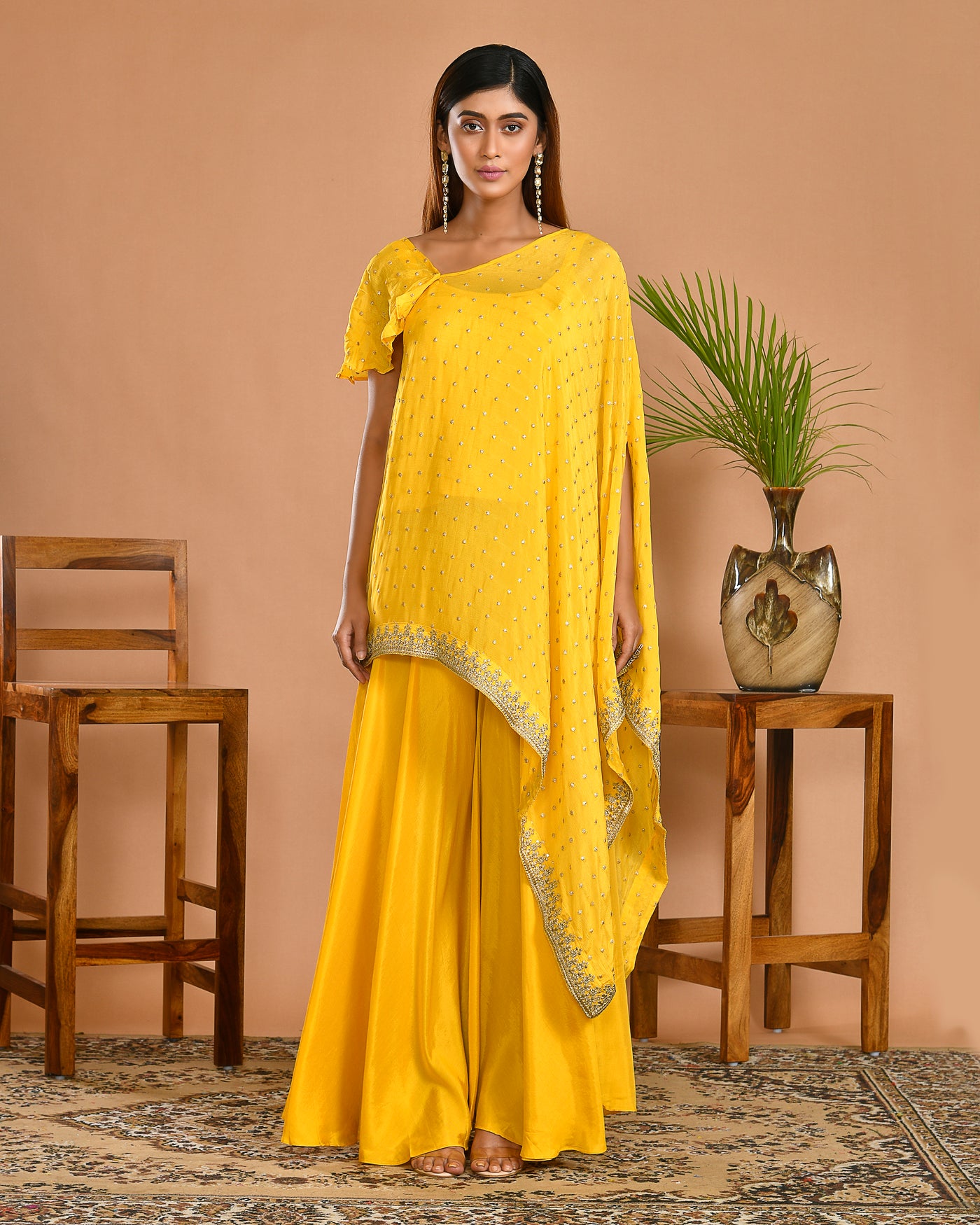 Yellow Georgette Hand Embroidered Indo-Western Outfit