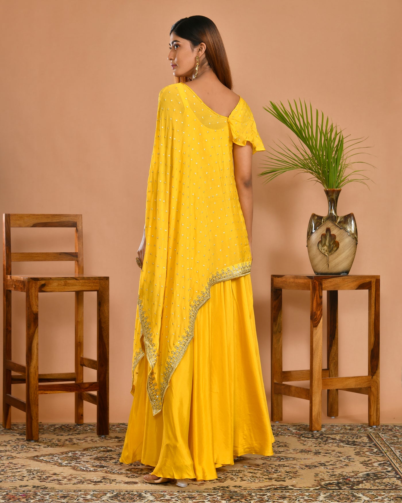 Yellow Georgette Hand Embroidered Indo-Western Outfit