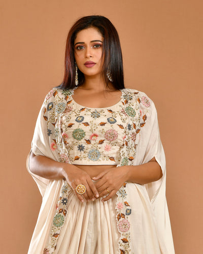 Off-White Muslin Hand Embroidered Cape Style Indo-Western Outfit