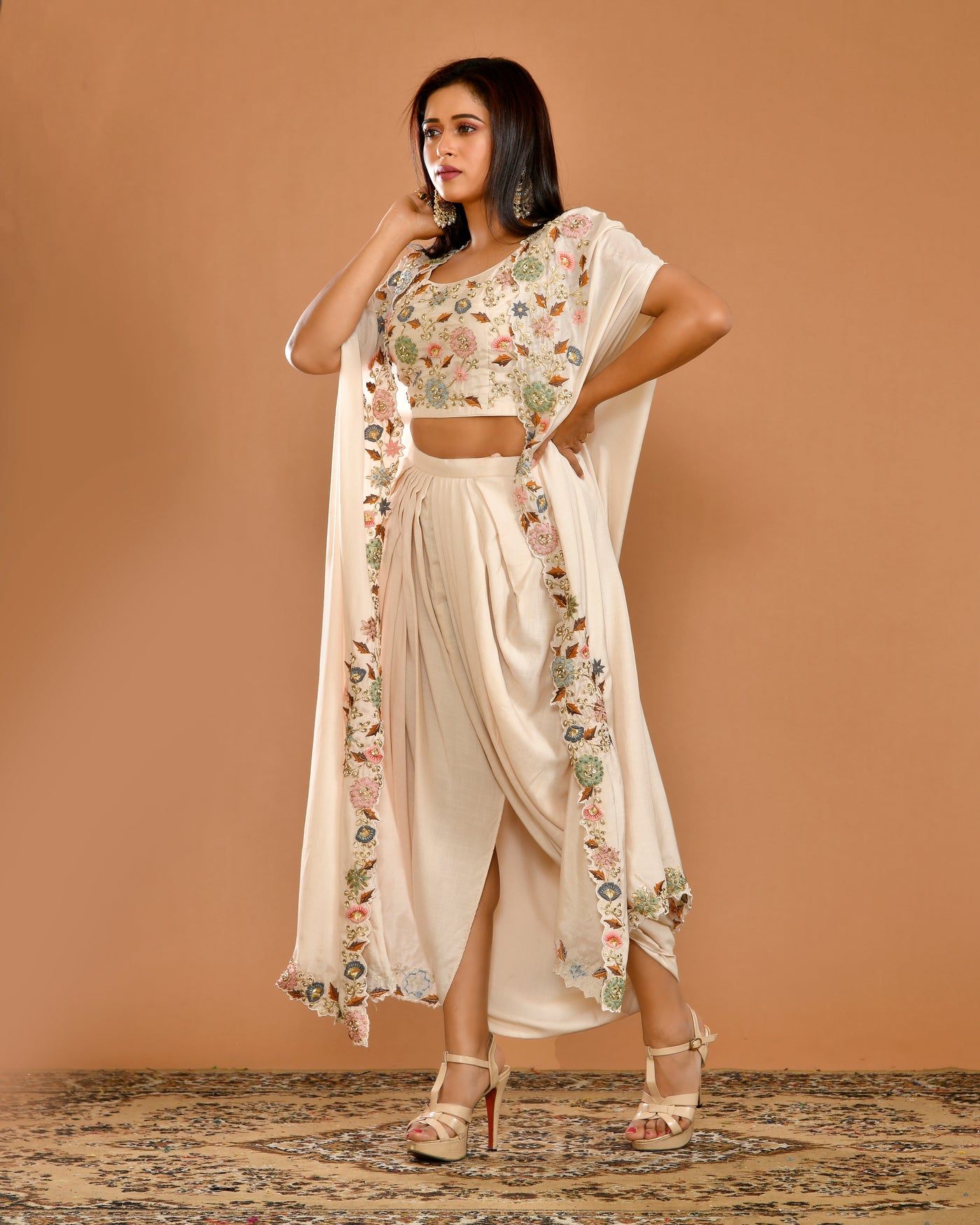 Off-White Muslin Hand Embroidered Cape Style Indo-Western Outfit