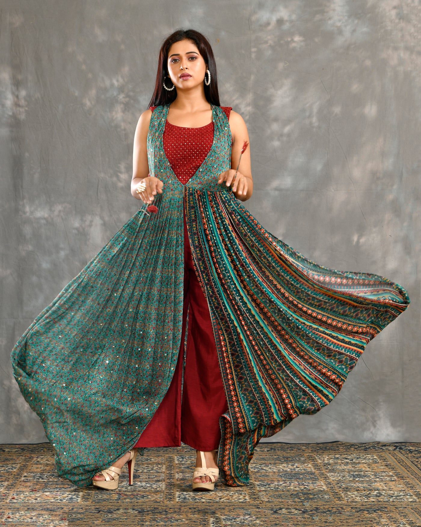Elegant dola silk Indo-Western viscose  Kape Style Dress in Multicolor