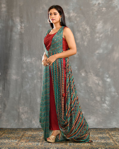 Elegant dola silk Indo-Western viscose  Kape Style Dress in Multicolor