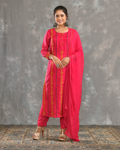 Red Dola Silk Hand Embroidery Ethnic Suit Set