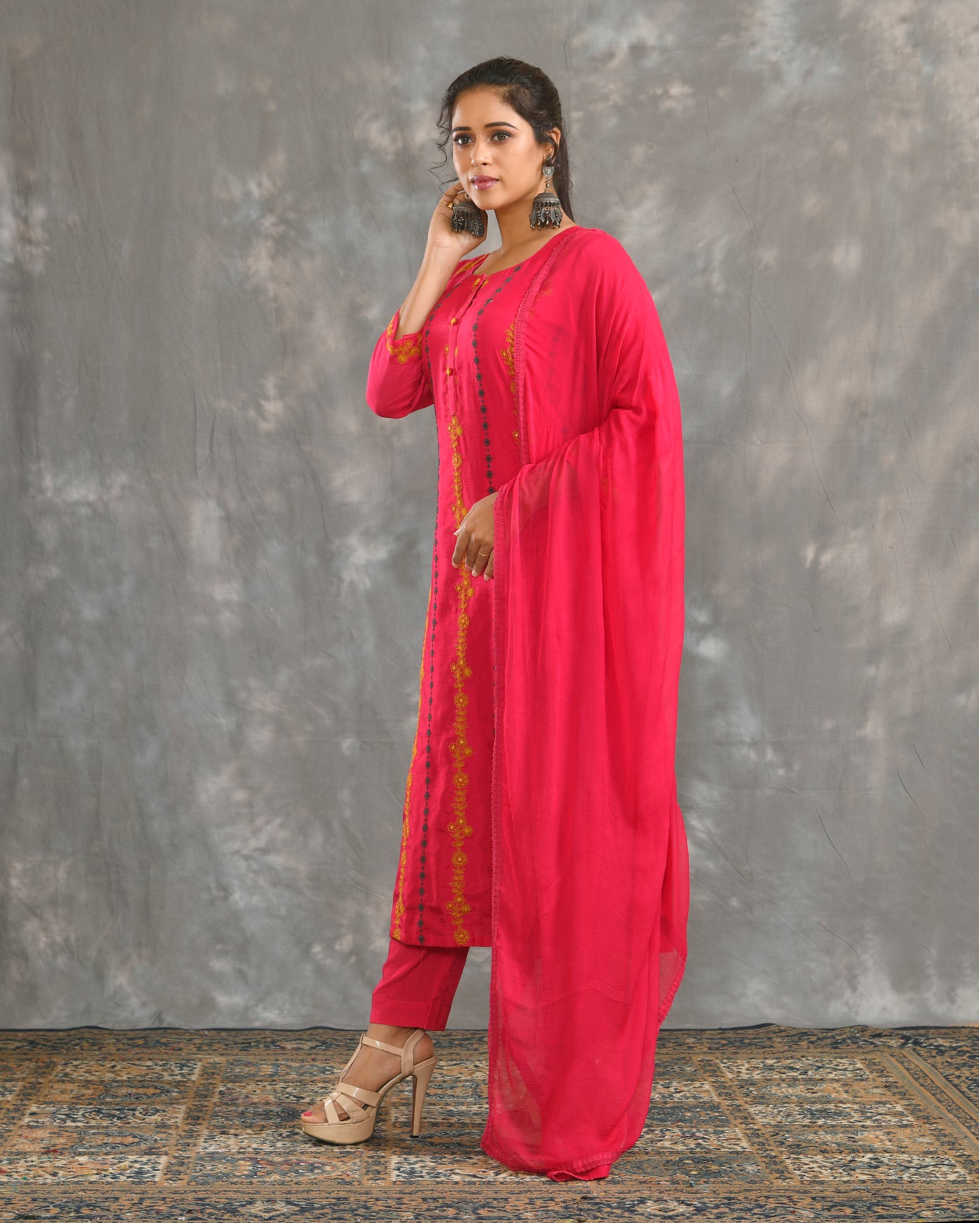 Red Dola Silk Hand Embroidery Ethnic Suit Set