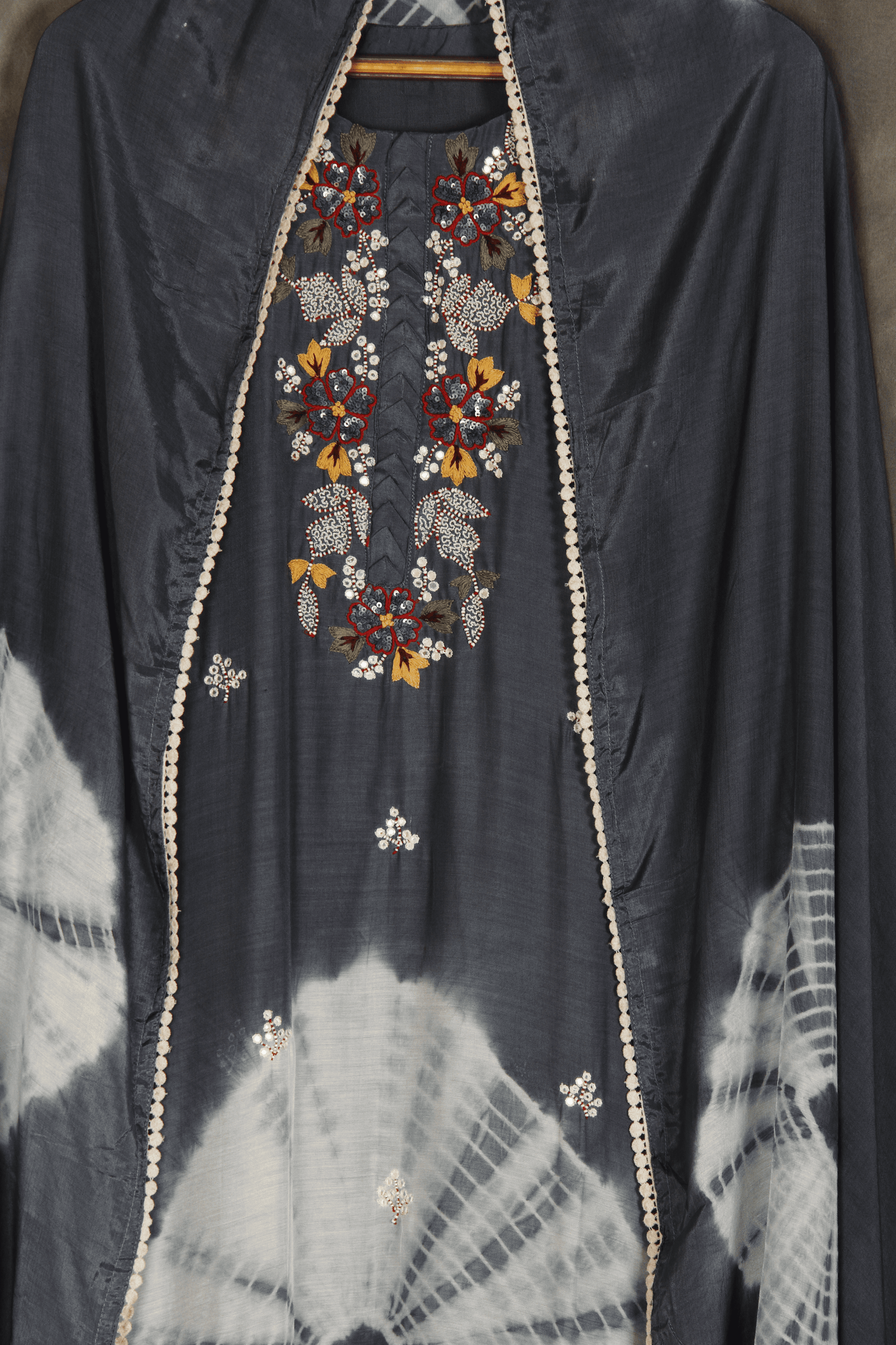 Grey muslin hand embroidery kurta dupatta set
