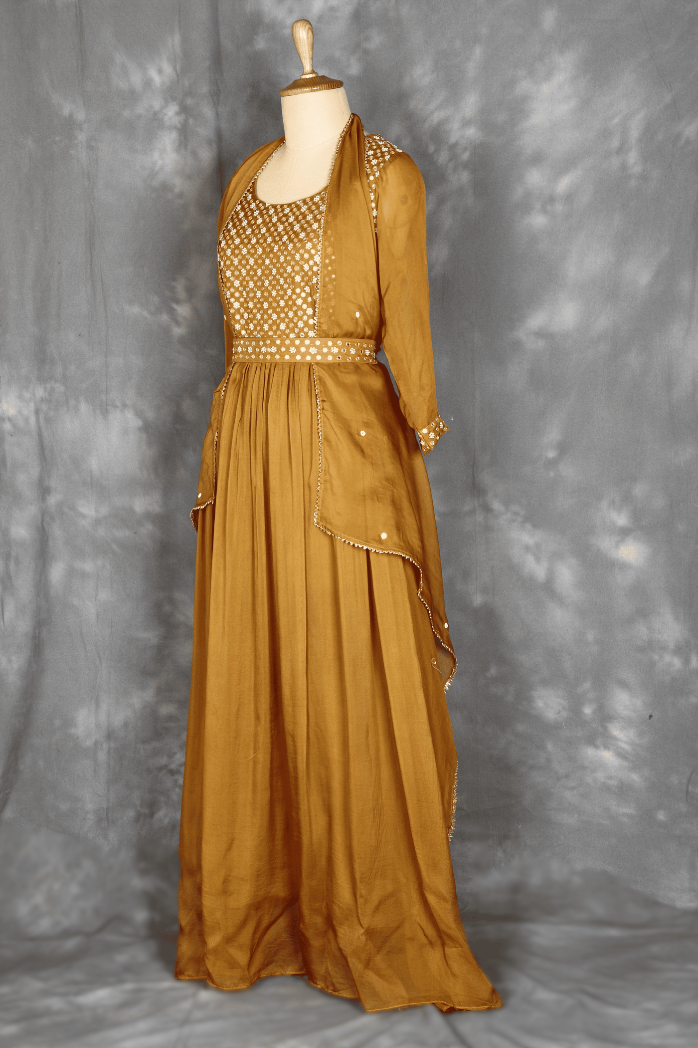 Mehendi muslin hand embroidery gown with dupatta