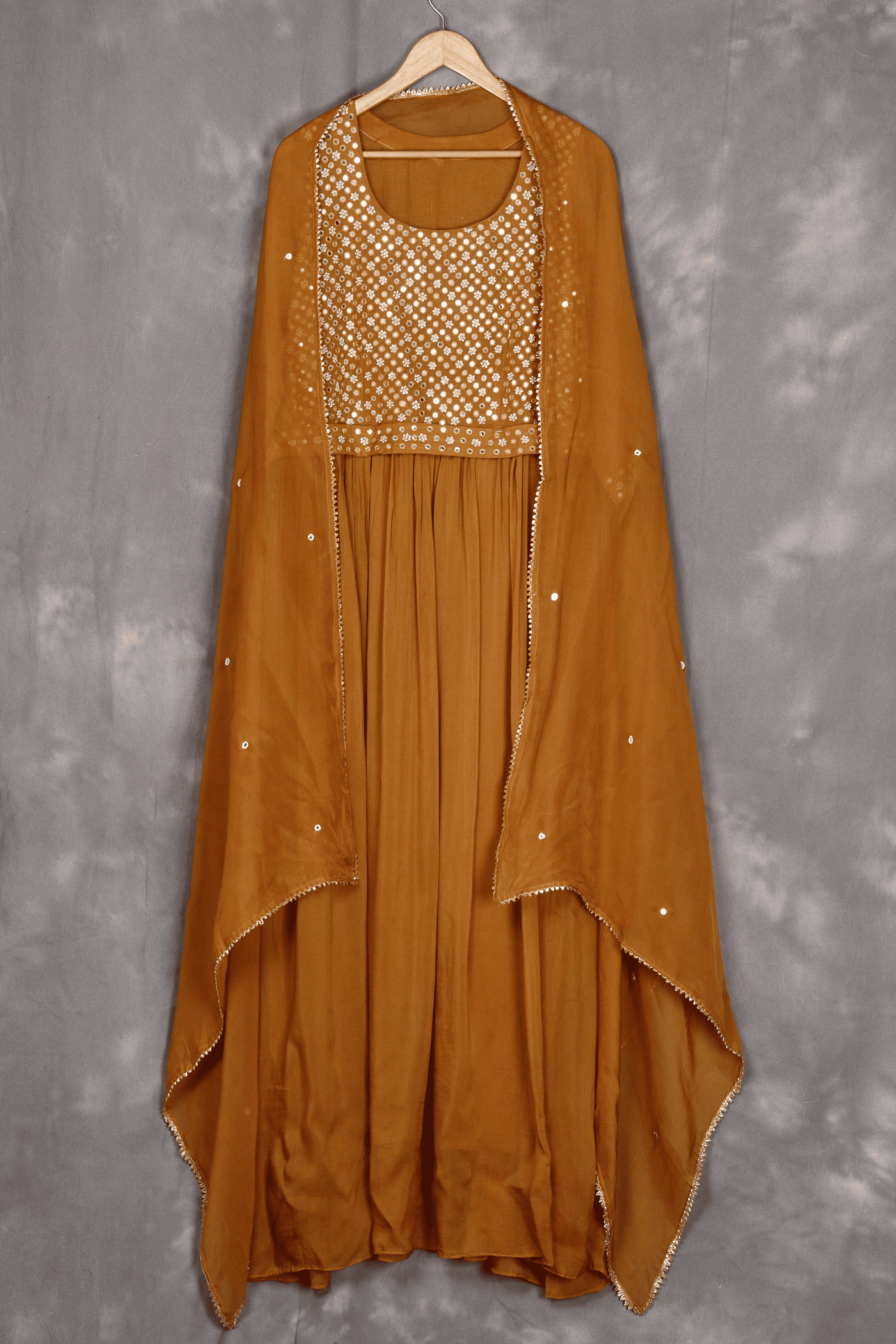 Mehendi muslin hand embroidery gown with dupatta