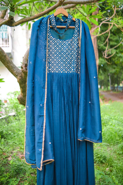 Rama green muslin hand embroidery gown with dupatta