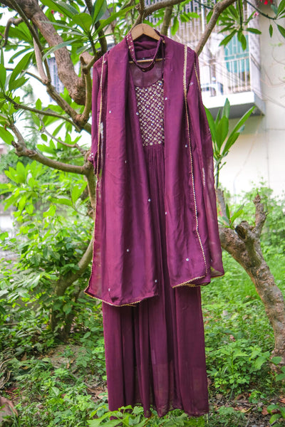 Wine muslin hand embroidery gown with dupatta