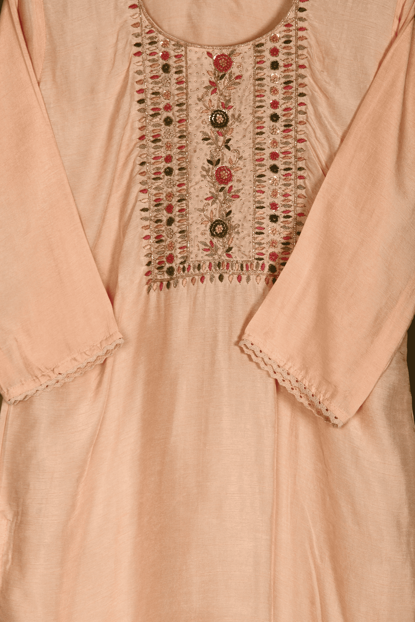 Peach dola silk hand embroidery kurta