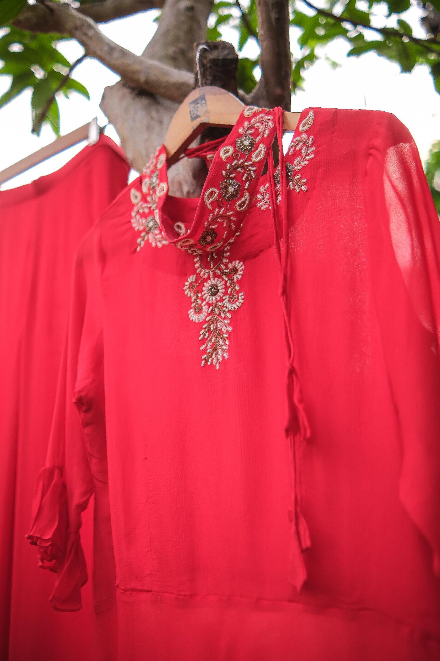 Red chinon hand embroidery kurta set