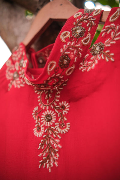 Red chinon hand embroidery kurta set