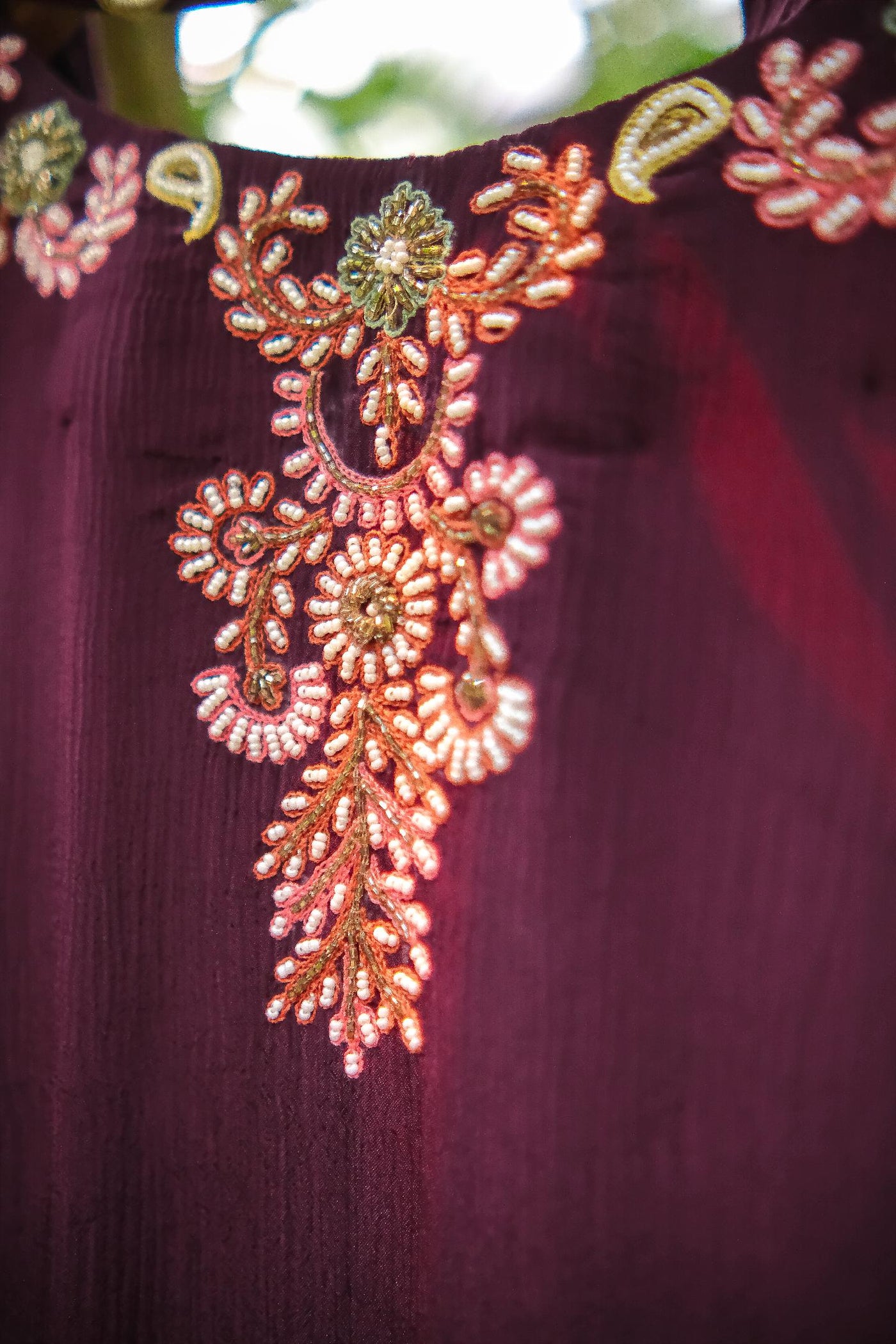 Wine chinon hand embroidery kurta set