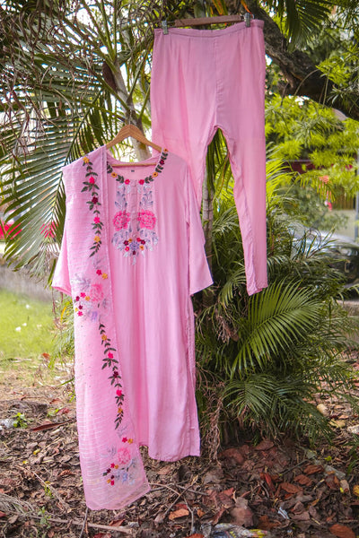 Pink muslin hand embroidery kurta dupatta pant set