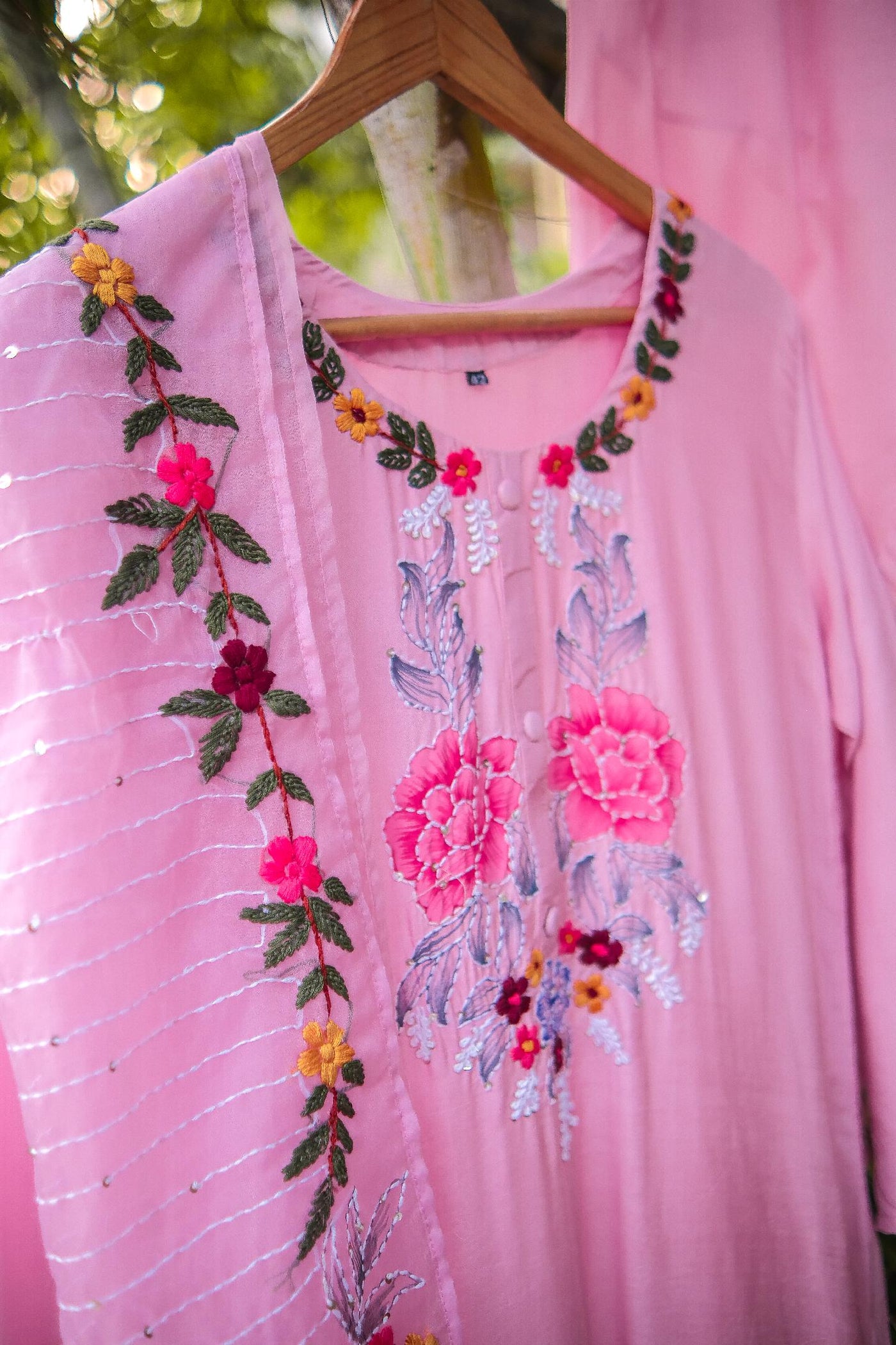 Pink muslin hand embroidery kurta dupatta pant set