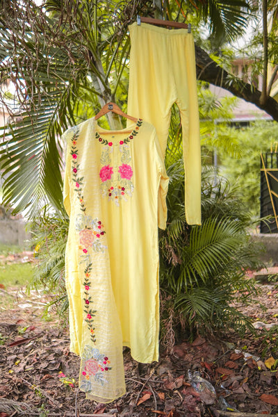Yellow muslin hand embroidery kurta dupatta pant set