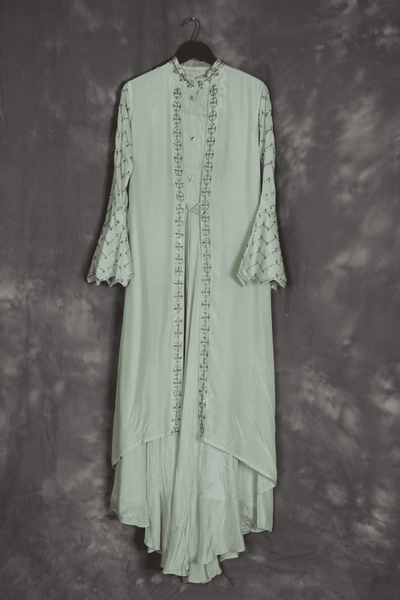 Green Muslin Gown With Attached Cape