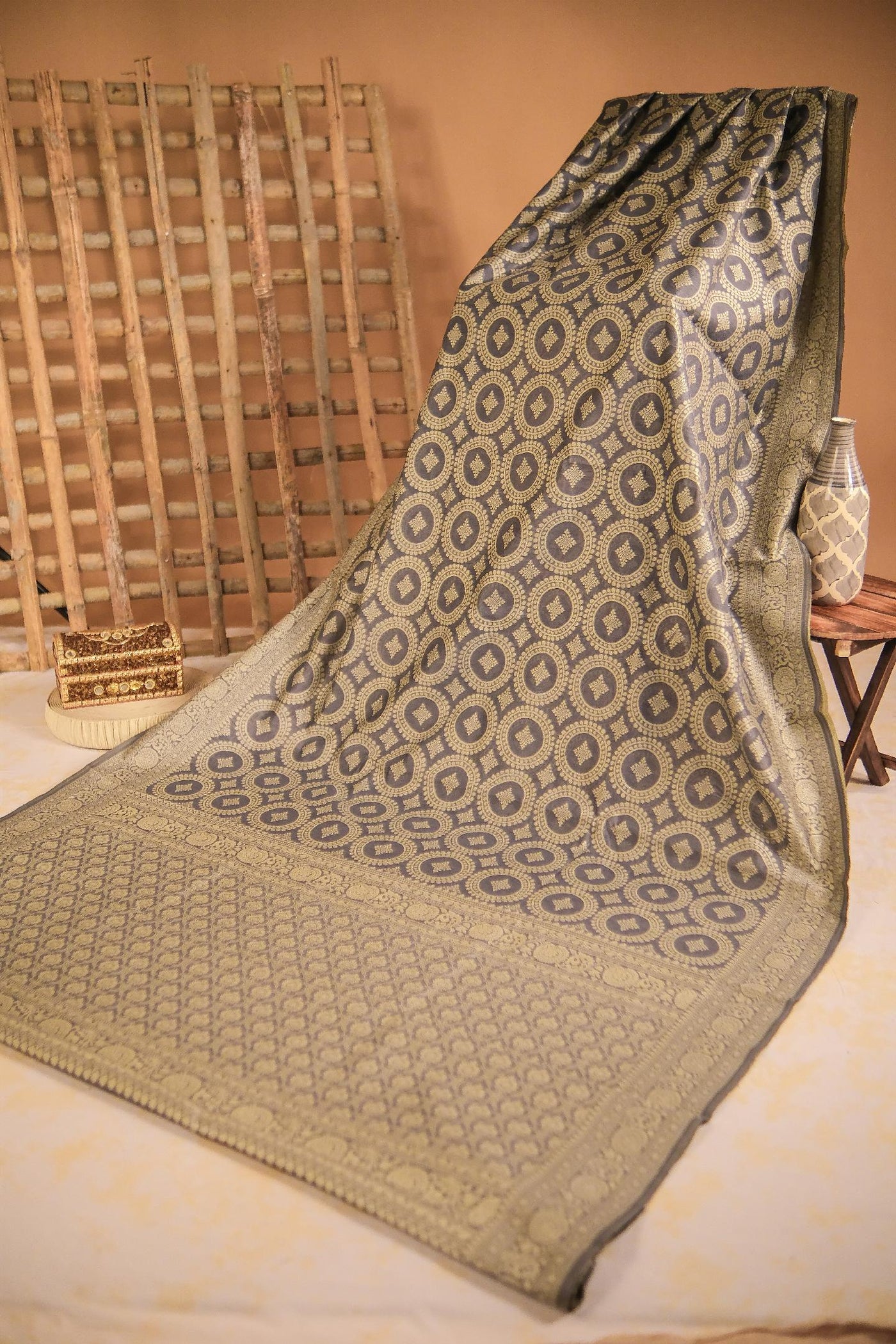 Grey blended cotton festive wear banarasi saree