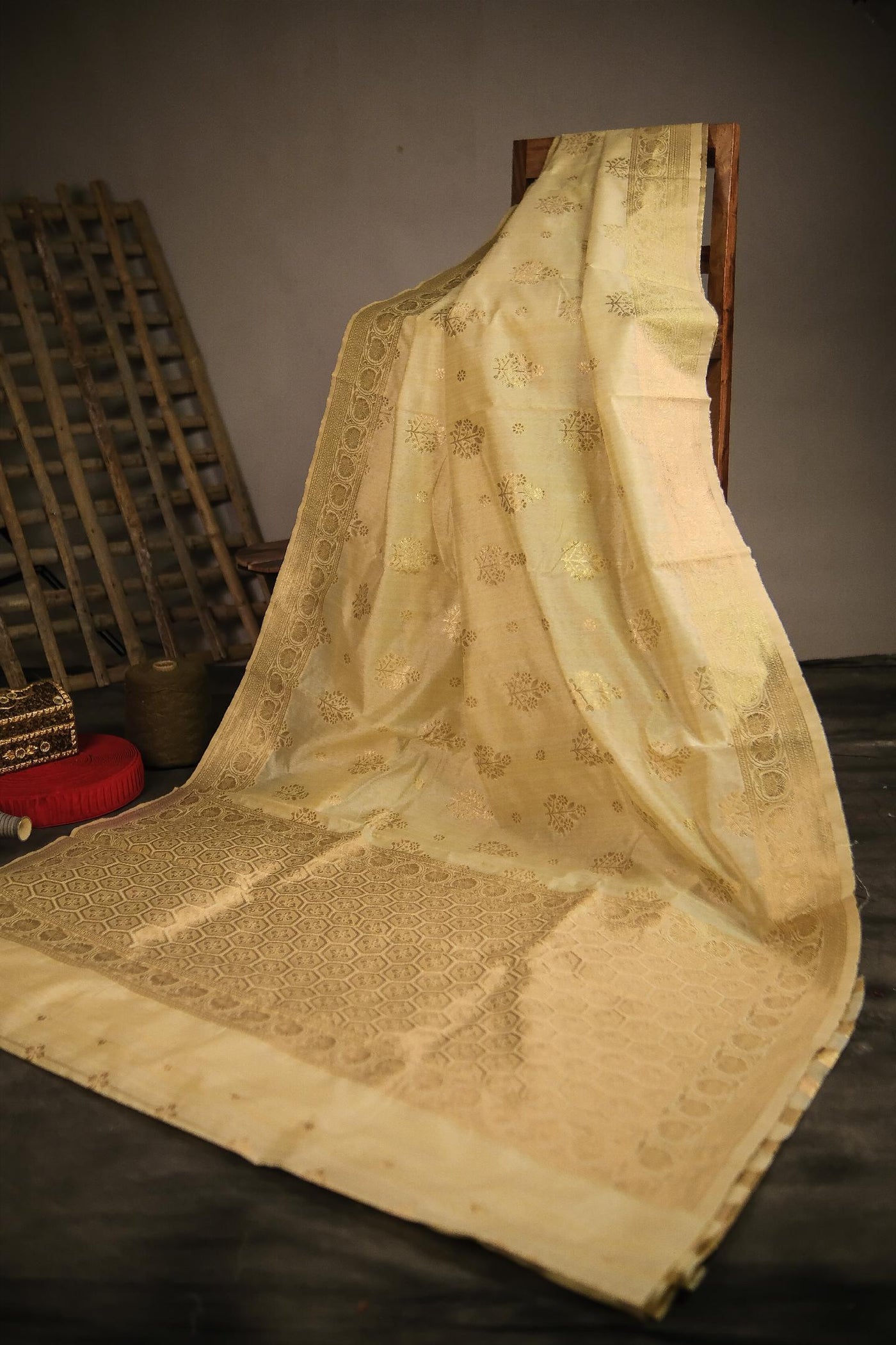 Beige blended tussar silk festive wear banarasi saree