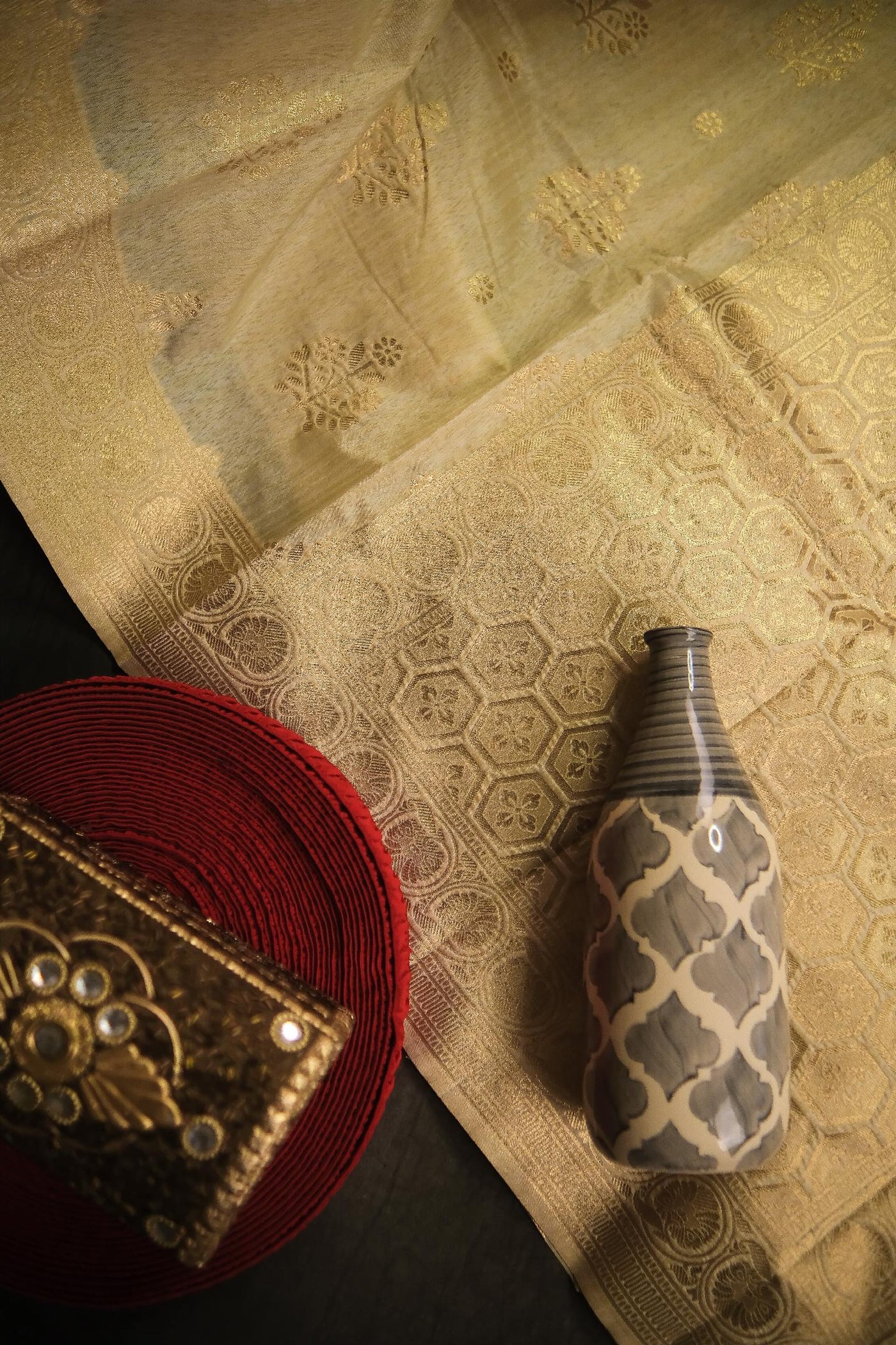 Beige blended tussar silk festive wear banarasi saree