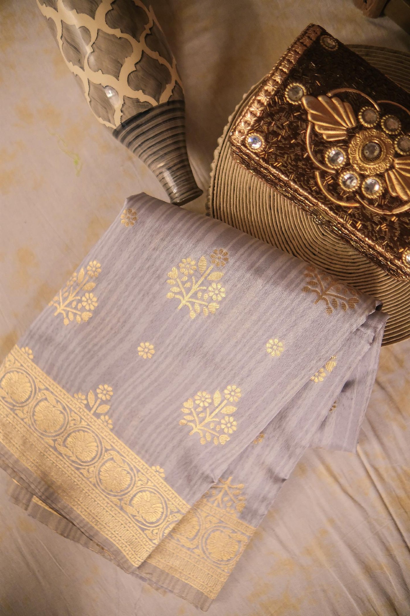 Grey blended tussar silk festive wear banarasi saree