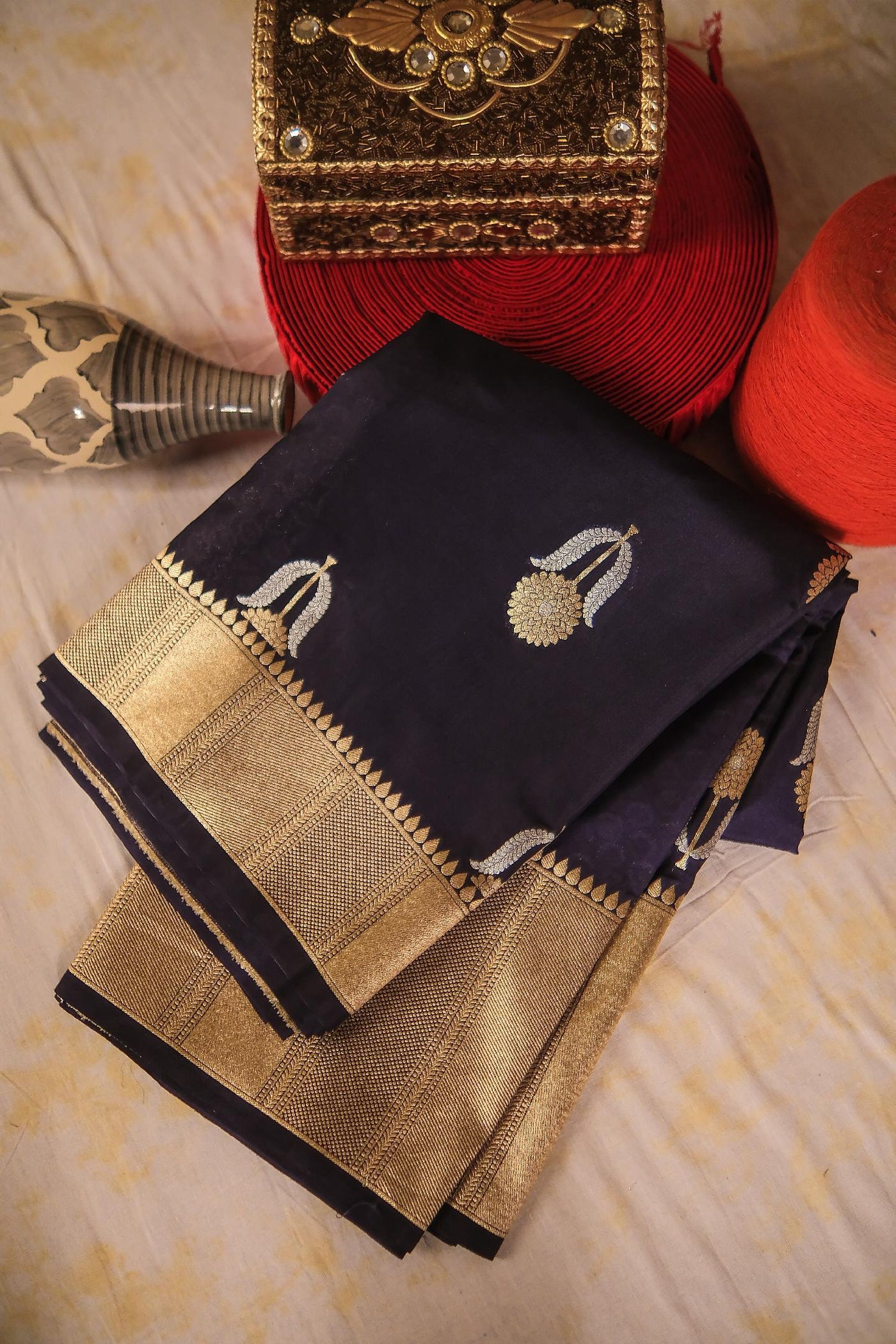Blue blended dupion silk festive wear banarasi saree