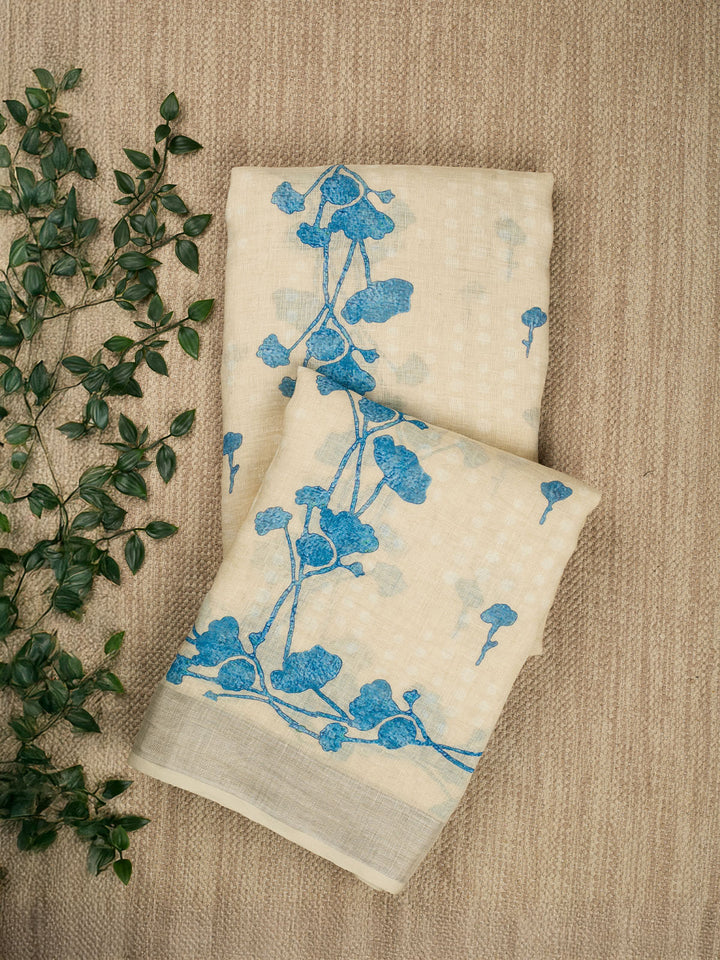 Cream Linen Silk Banarasi Saree