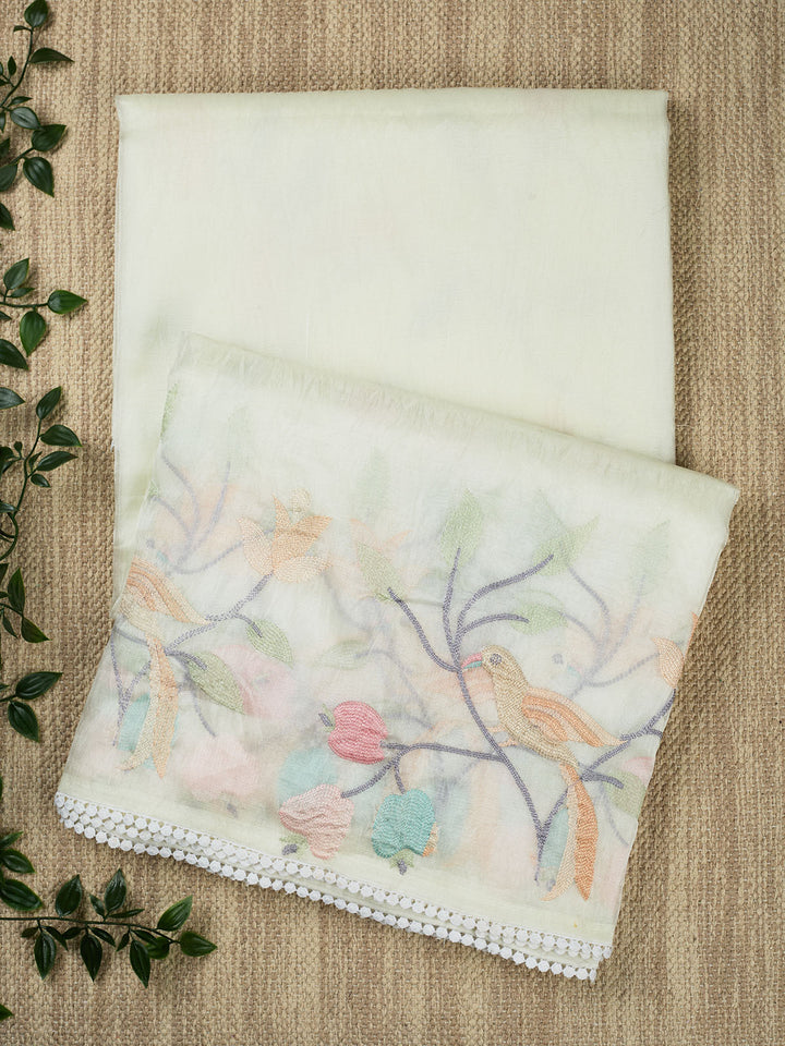 Cream Semi Tissue Plain Banarasi Saree