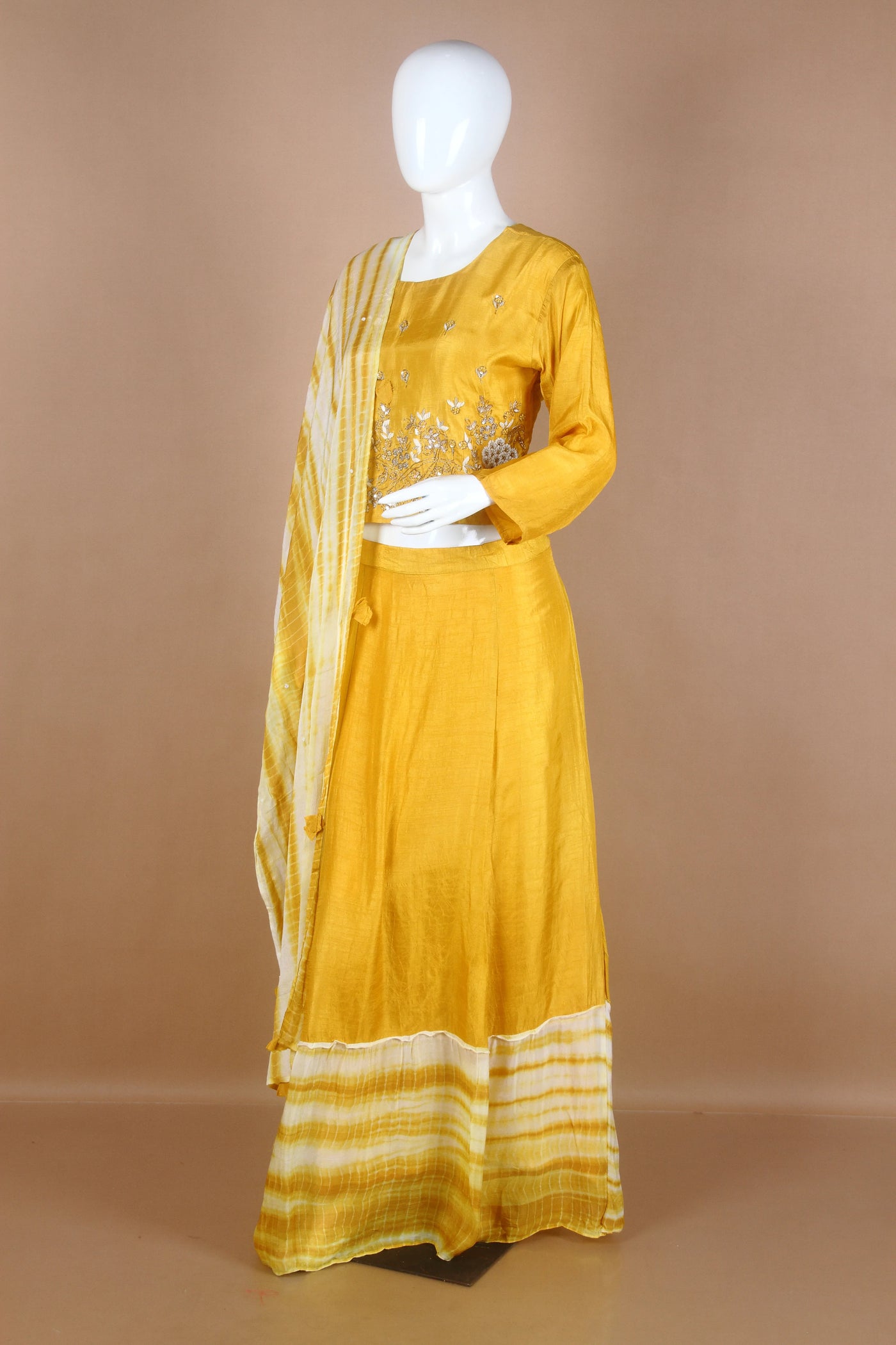 Dola Silk Mustard Hand Embroidered Skirt Top Dupatta Set