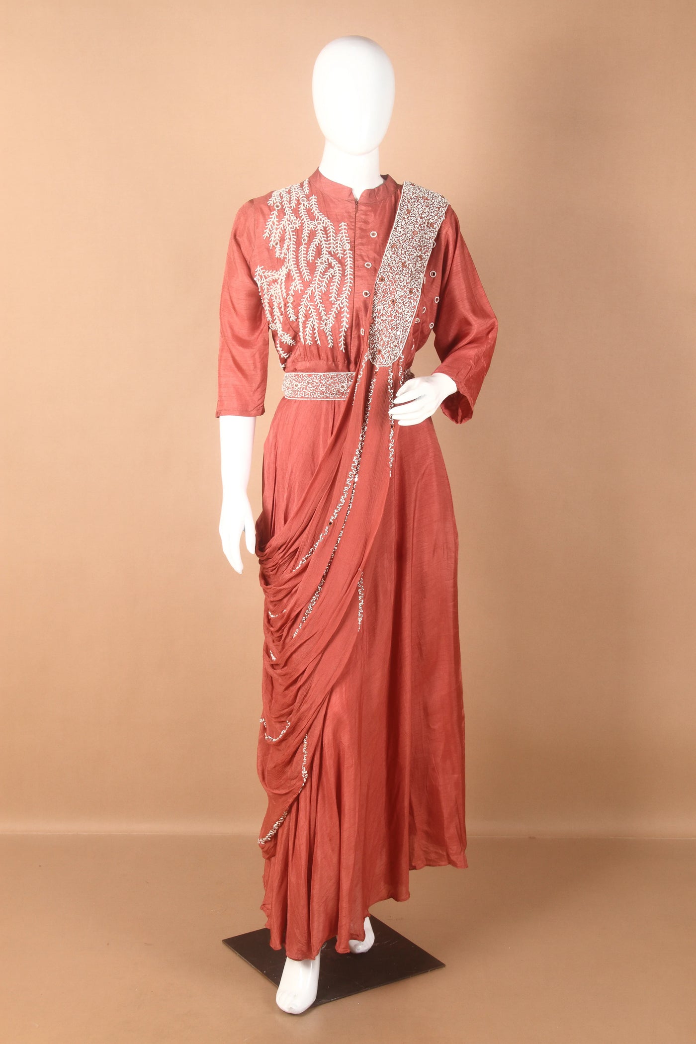 Dola Silk Rust Hand Embroidered Gown