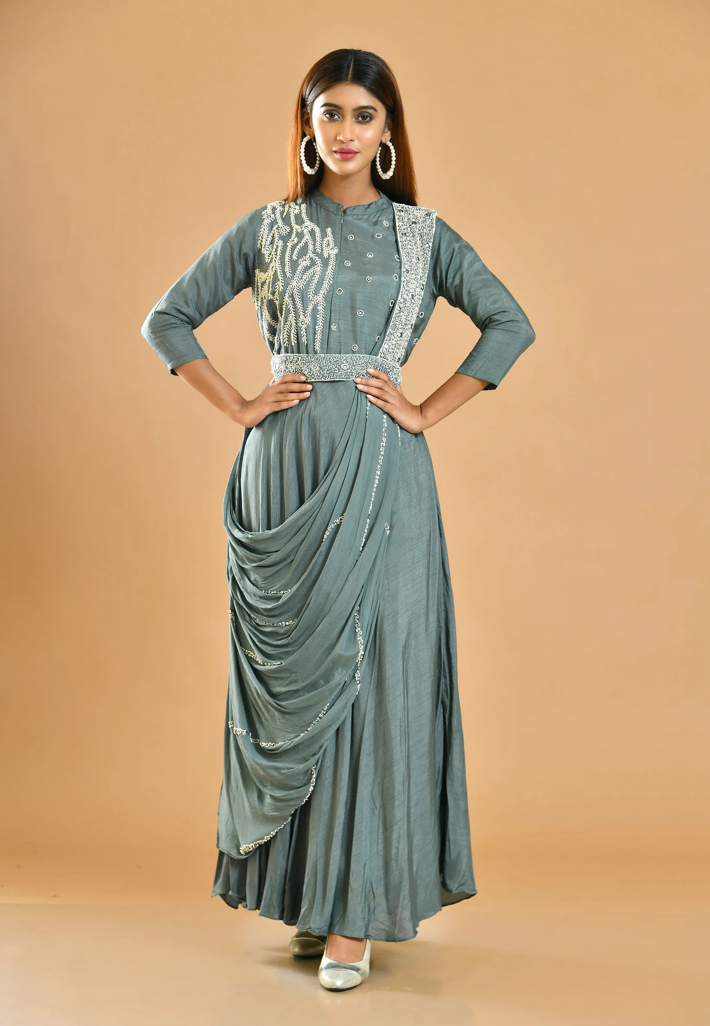 Dola Silk Grey Hand Embroidered Gown