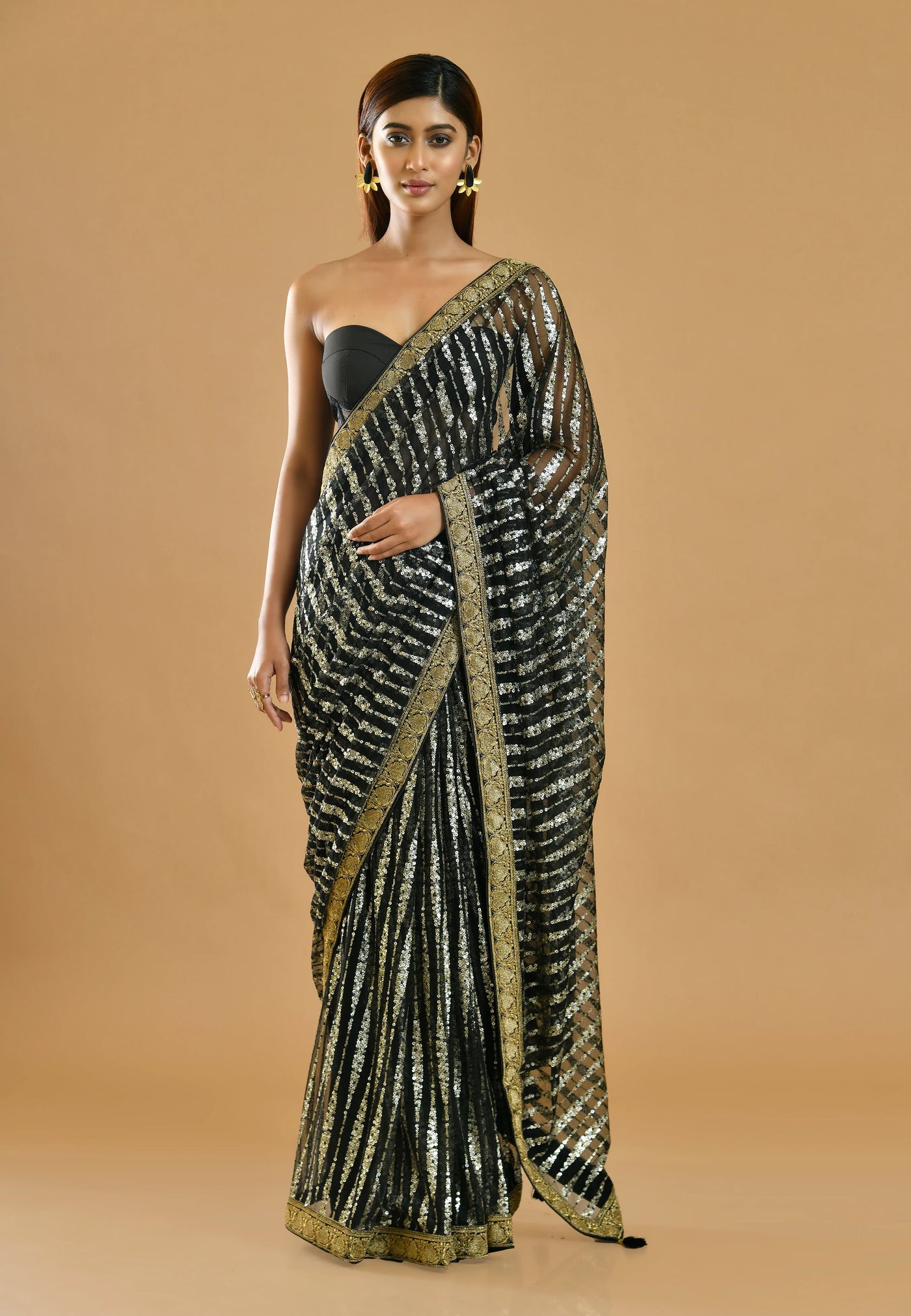 Embroidered Black Net Party Wear Saree