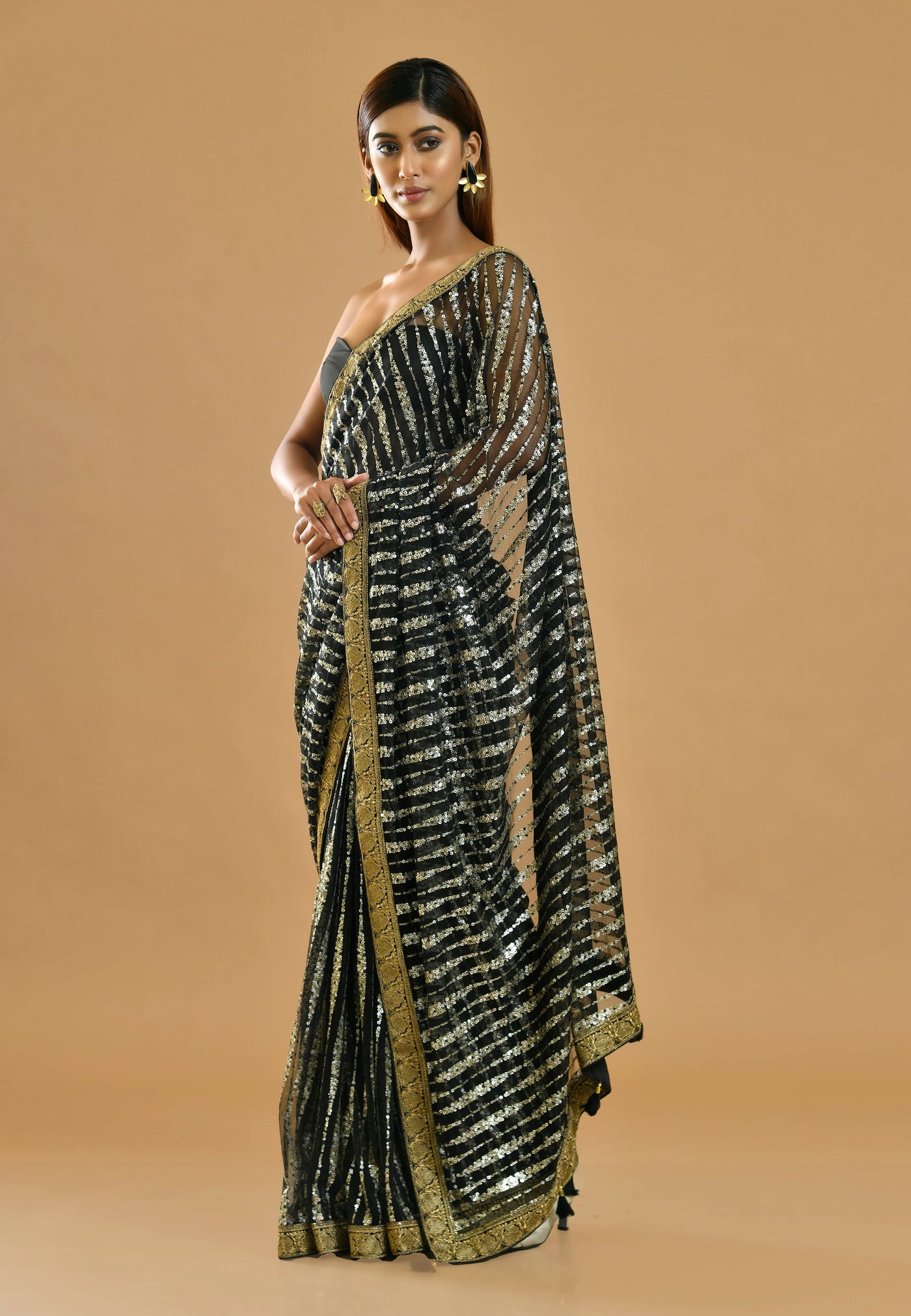 Embroidered Black Net Party Wear Saree