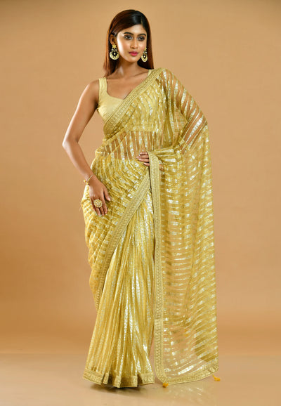 Embroidered Net Yellow Party Wear Saree