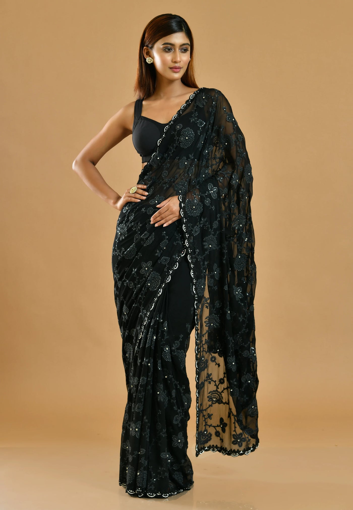 Black Georgette Party Wear Embroidered Saree