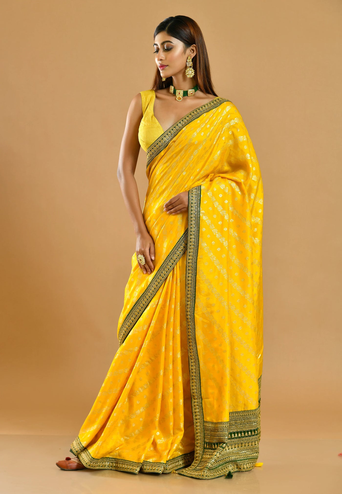 Yellow And Green Silk Saree