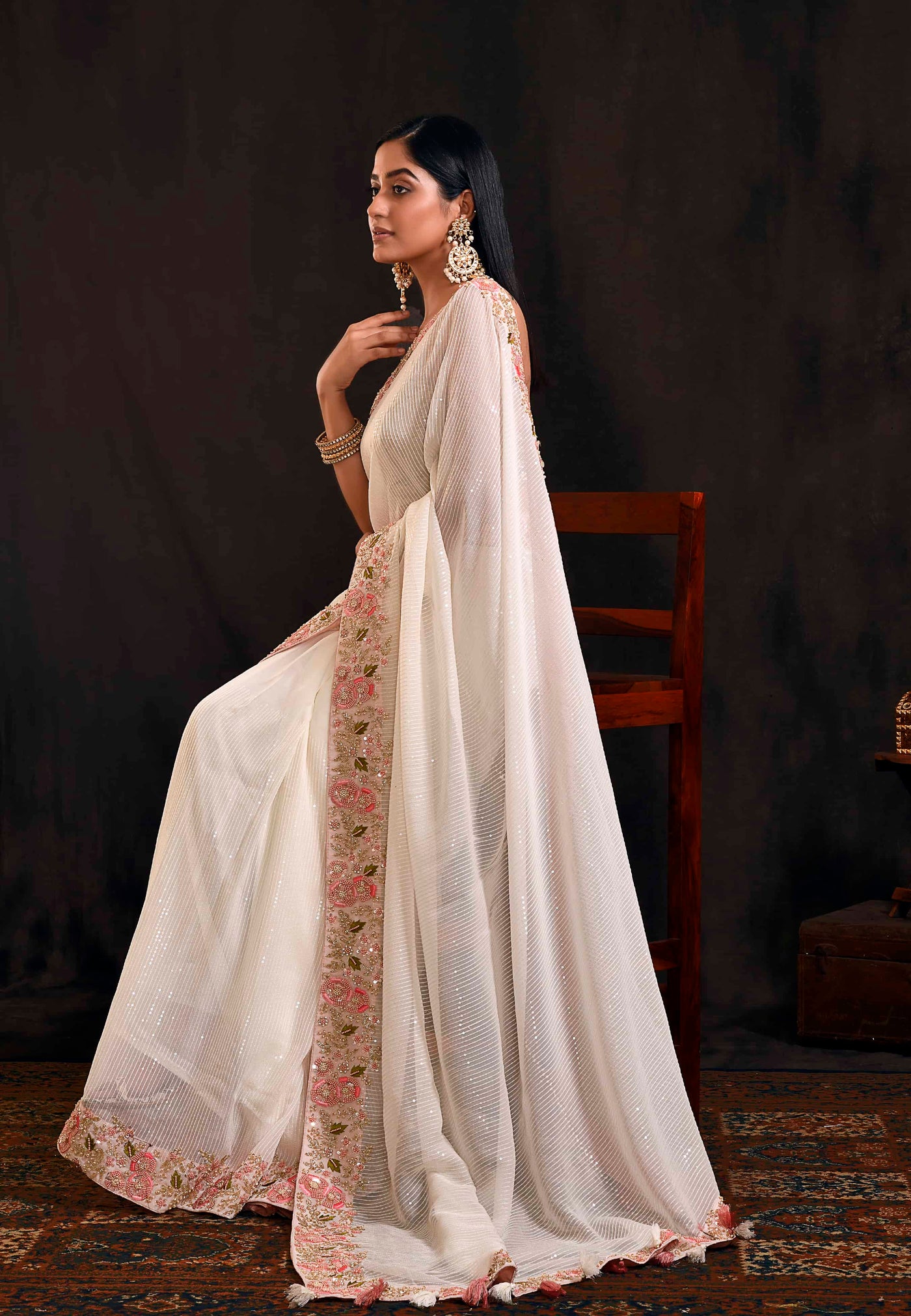 White Georgette Party Wear Embroidered Saree