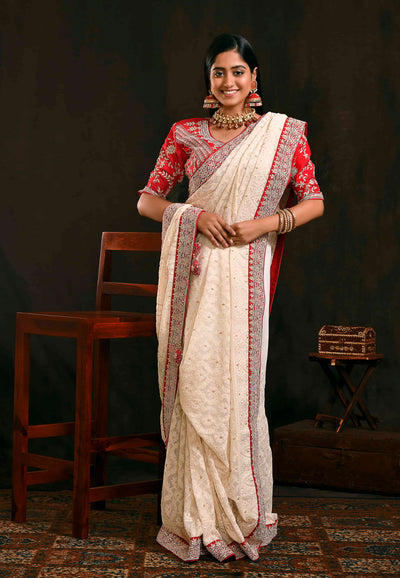 White And Red Georgette Saree