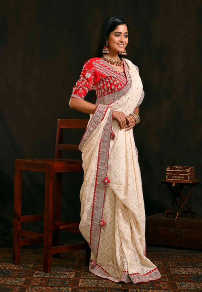 White And Red Georgette Saree
