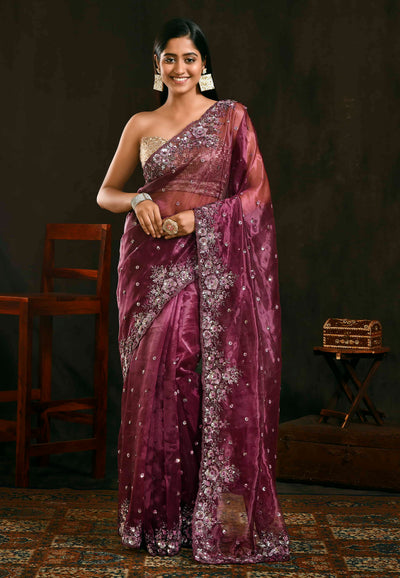 Wine Colour Hand Embroidered Saree
