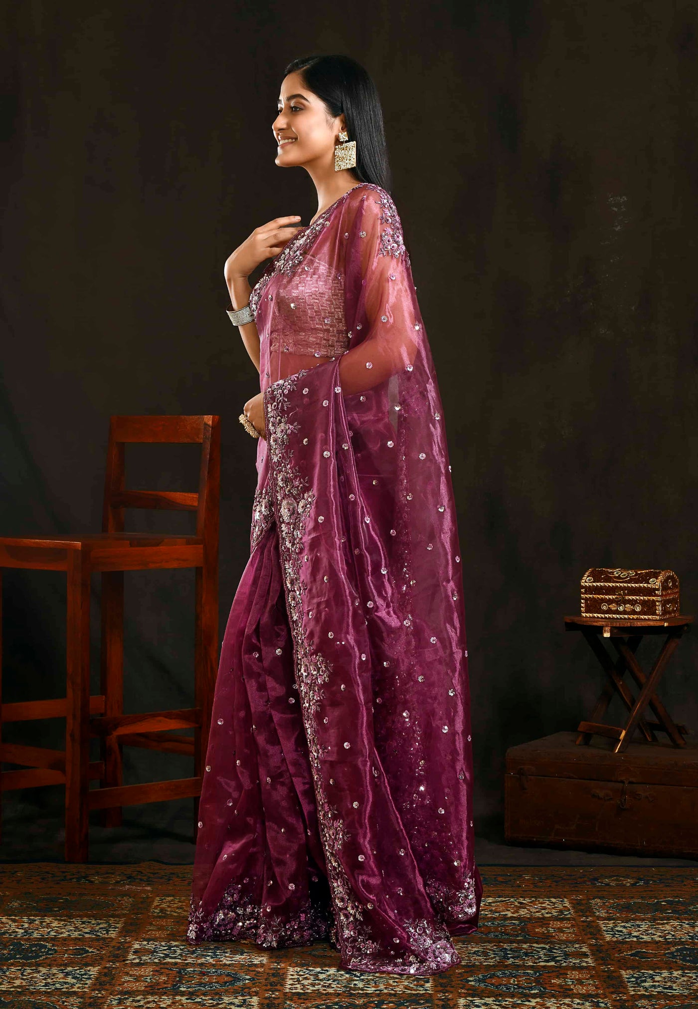 Wine Colour Hand Embroidered Saree