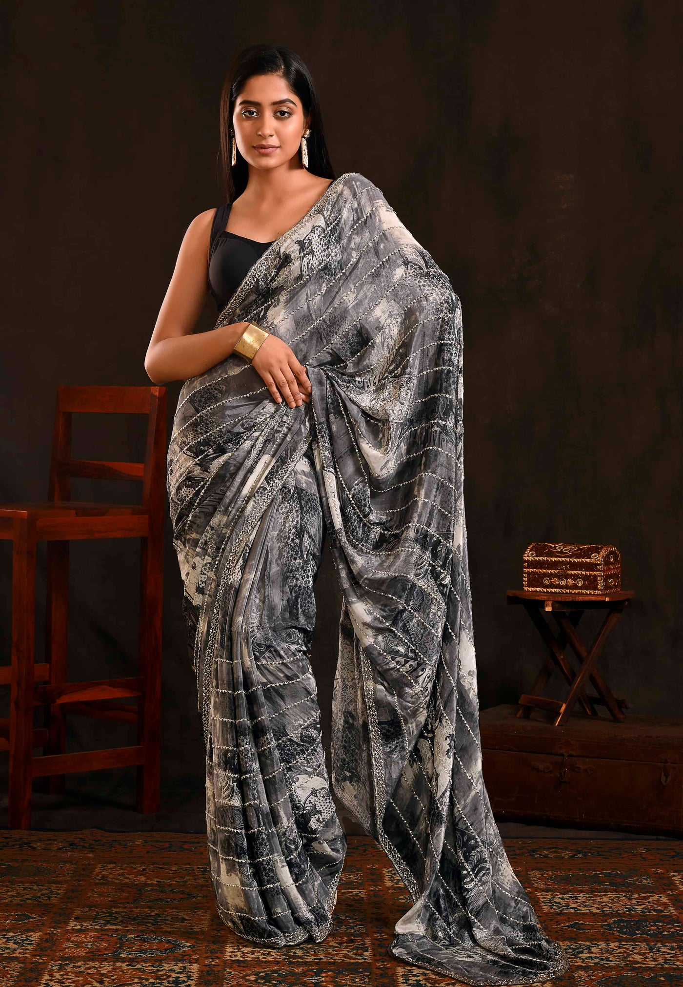 Grey And White Printed Party Wear Saree