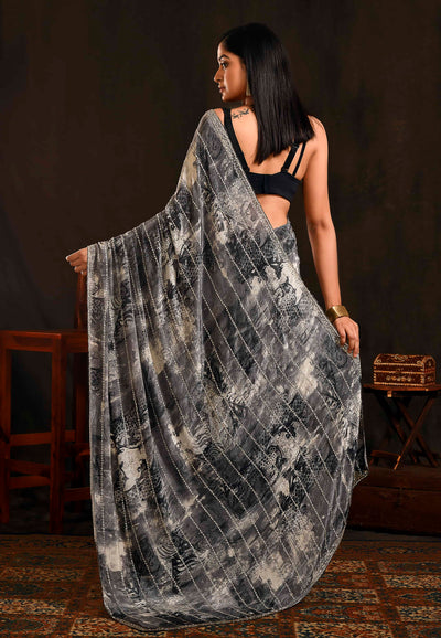 Grey And White Printed Party Wear Saree