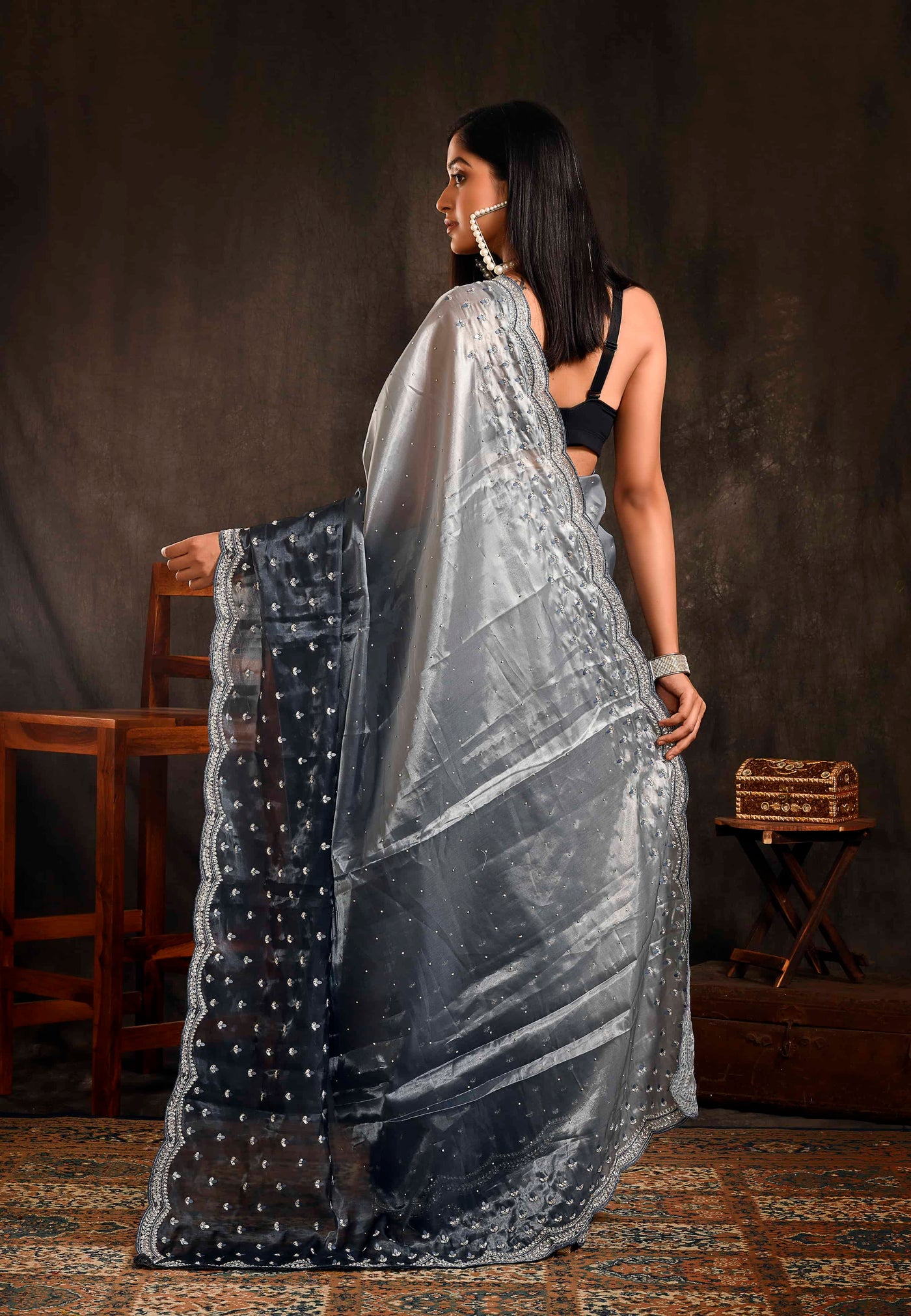 Blue And Grey Party Wear Saree