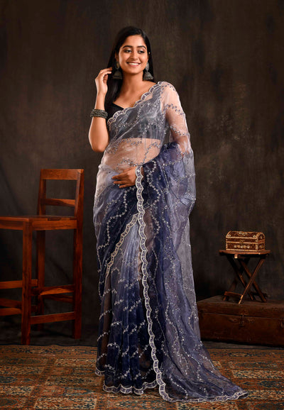 Blue Embroidered Party Wear Saree