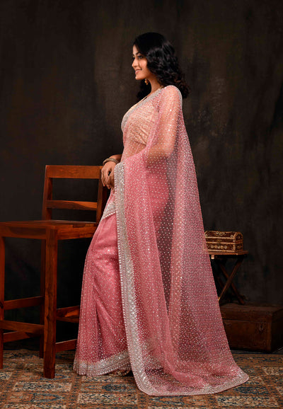 Rose Pink And Silver Toned Embellished Saree