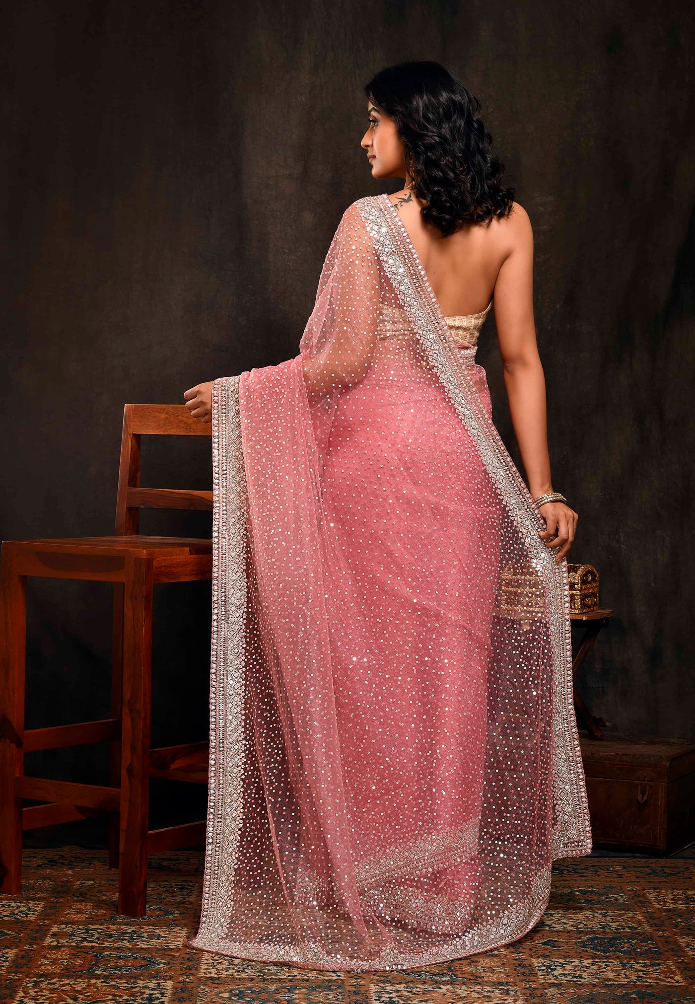 Rose Pink And Silver Toned Embellished Saree