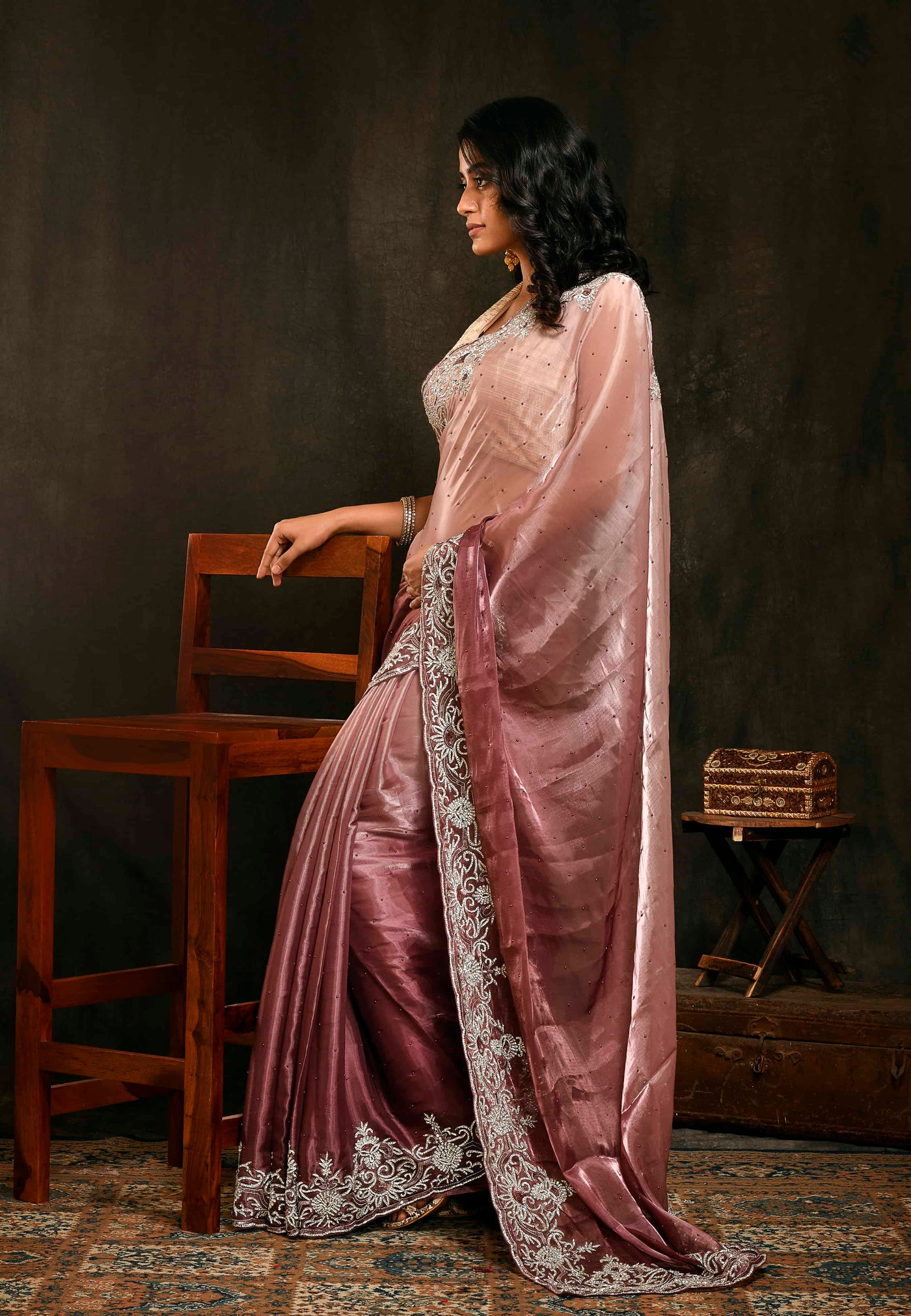 Ombre Wine Party Wear Embroidered Saree